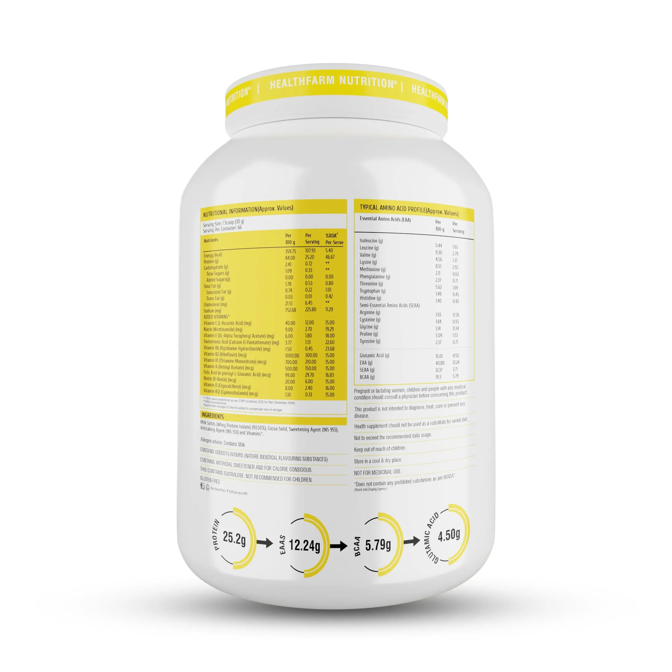 Healthfarm Hydrolysed Hydro Pure Whey protein,25g Protein 11.7g EAAS 5.35g BCAA 4.60g Glutamine (DARK FANTASY)