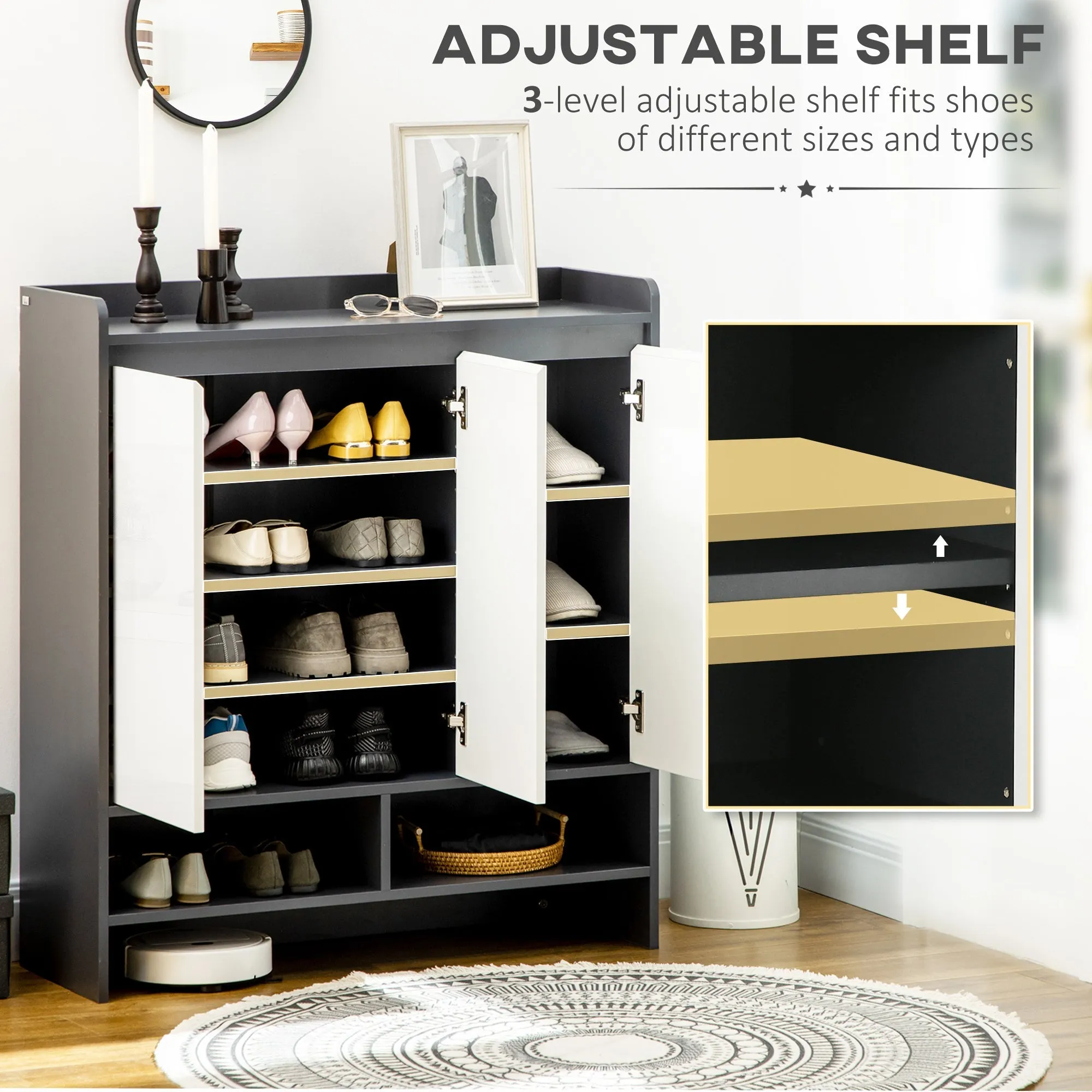 High Gloss Shoe Cabinet with White Doors and Open Shelves