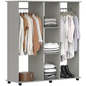 HOMCOM Mobile Double Open Wardrobe w/ Clothes Hanging Rail Clothing Grey