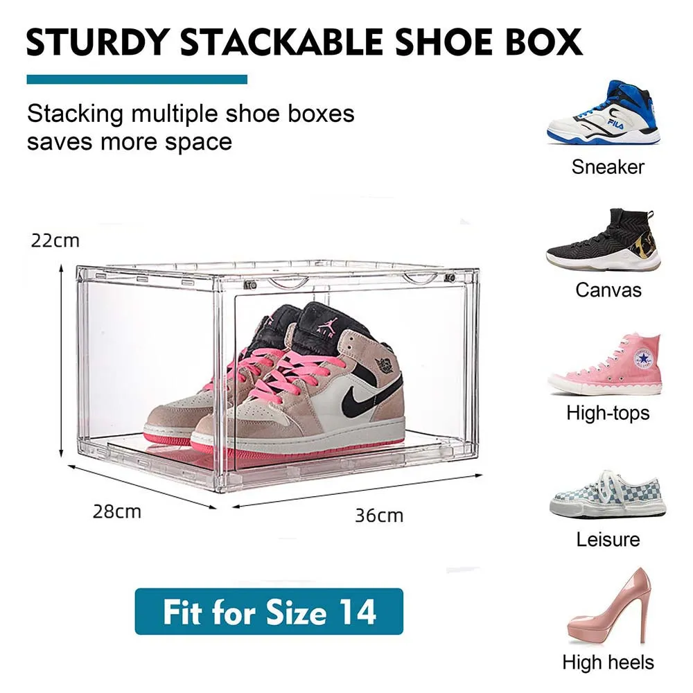 Large Stackable Acrylic Shoe Boxes, 6 Pack with Magnetic Door