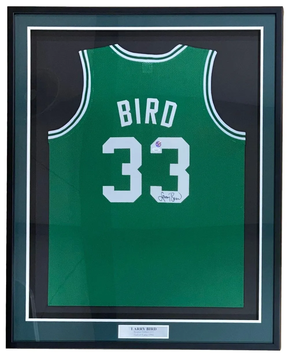 Larry Bird Boston Signed Framed Green Basketball Jersey Bird JSA ITP