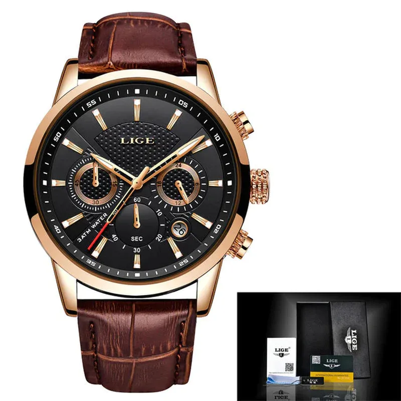 LIGE Men's Luxury Quartz Watch – Sports Waterproof Leather Wrist Watch with Chronographtches