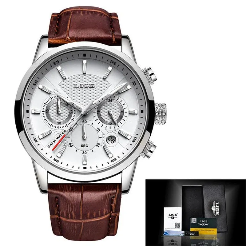 LIGE Men's Luxury Quartz Watch – Sports Waterproof Leather Wrist Watch with Chronographtches