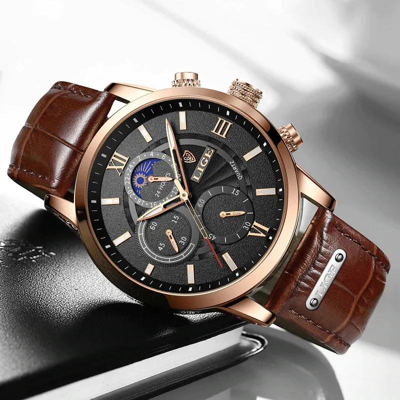 LIGE Men's Luxury Quartz Watch – Sports Waterproof Leather Wrist Watch with Chronographtches