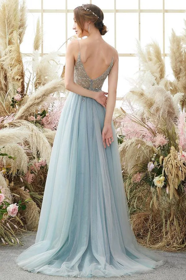 Light Blue A-line Tulle Prom Dresses Beading Evening Dresses PSK291