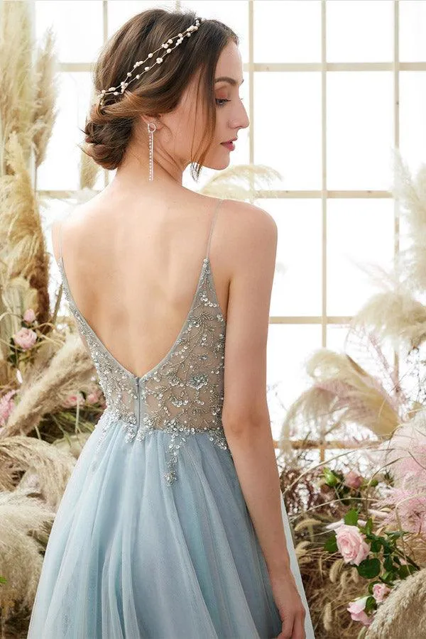 Light Blue A-line Tulle Prom Dresses Beading Evening Dresses PSK291