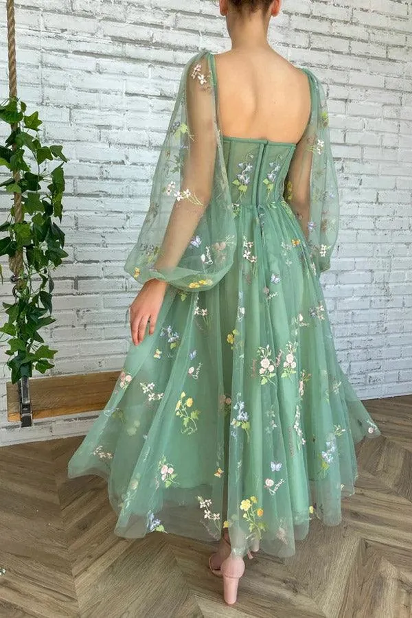 Light Green Embroidered Tulle dress Evening Dress Puffy Long Sleeve PSK304