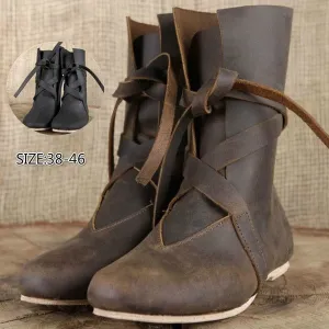 Medieval LARP Lace Up PU Leather Boots Mens and Womens Cosplay Costume