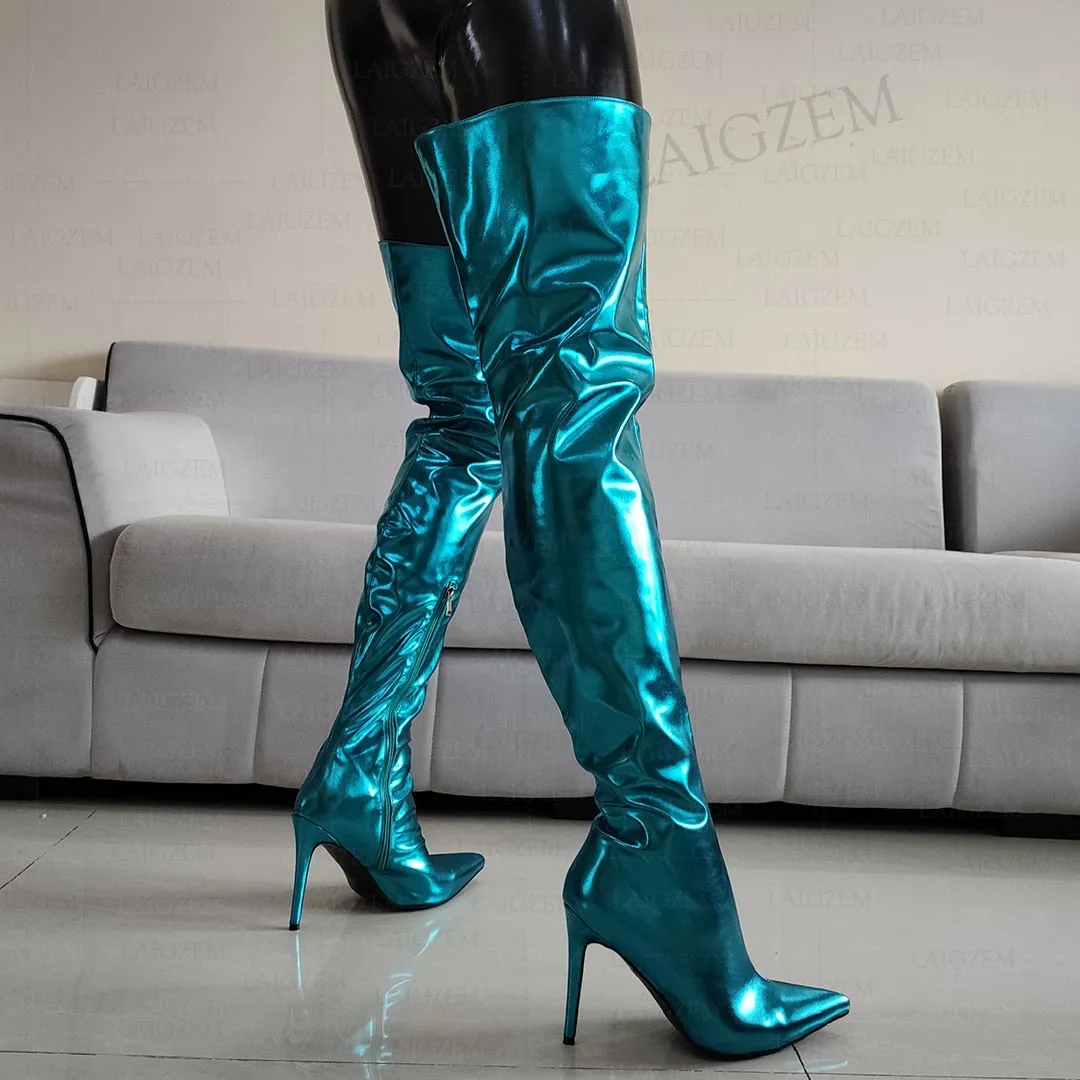 Metallic Thigh High Boots Stiletto Heeled Pointed Toe Boots Large Sizes