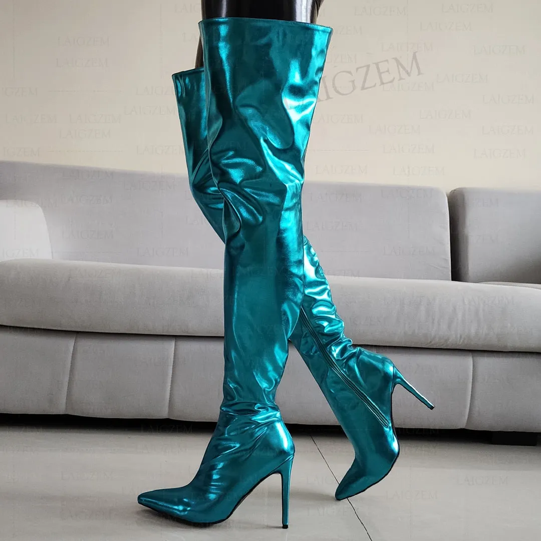 Metallic Thigh High Boots Stiletto Heeled Pointed Toe Boots Large Sizes