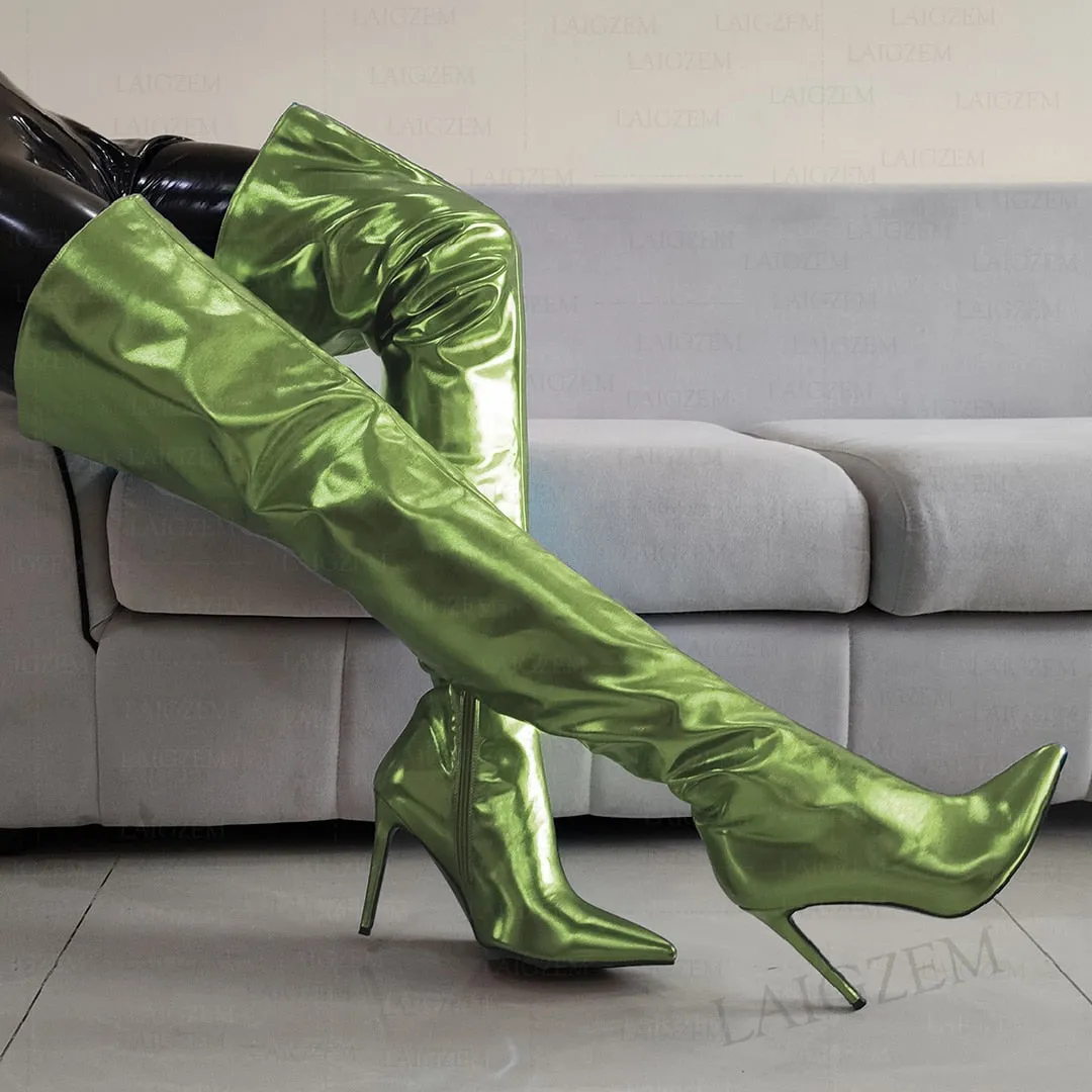 Metallic Thigh High Boots Stiletto Heeled Pointed Toe Boots Large Sizes