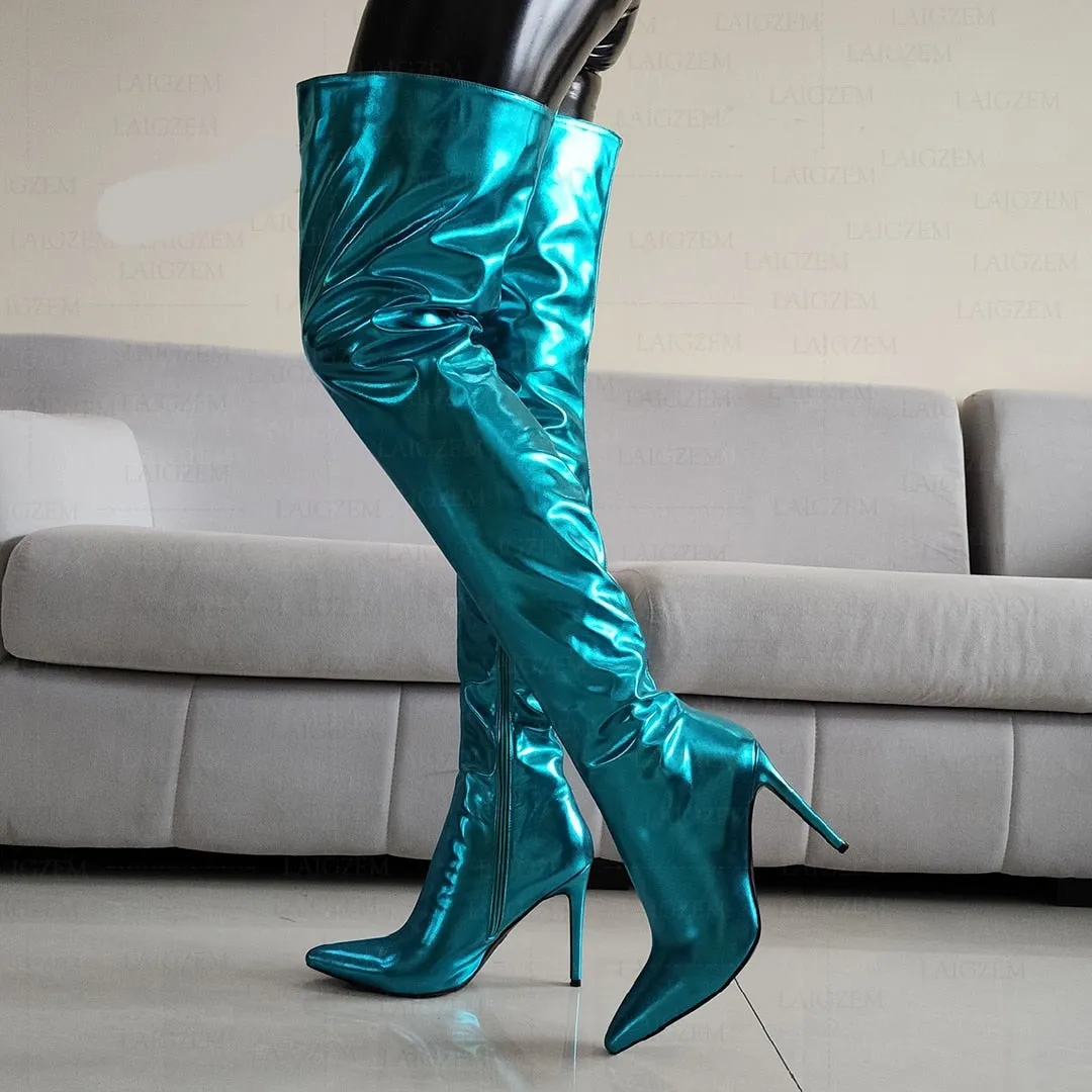 Metallic Thigh High Boots Stiletto Heeled Pointed Toe Boots Large Sizes