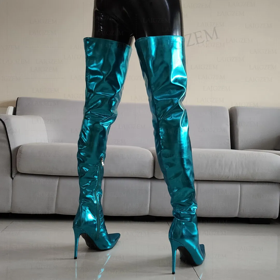 Metallic Thigh High Boots Stiletto Heeled Pointed Toe Boots Large Sizes