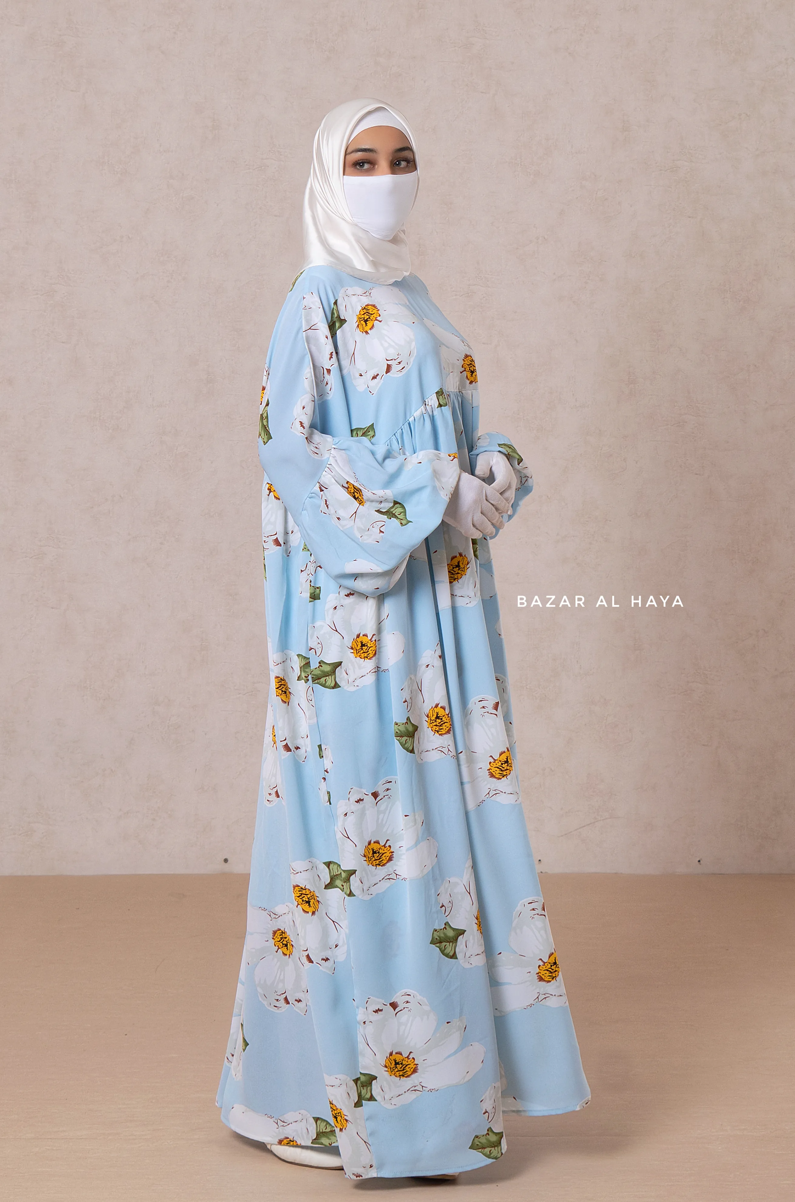 Muna Baby Blue Loose Fit Summer Abaya Dress - Viscose Cotton & Daisy Flower Print