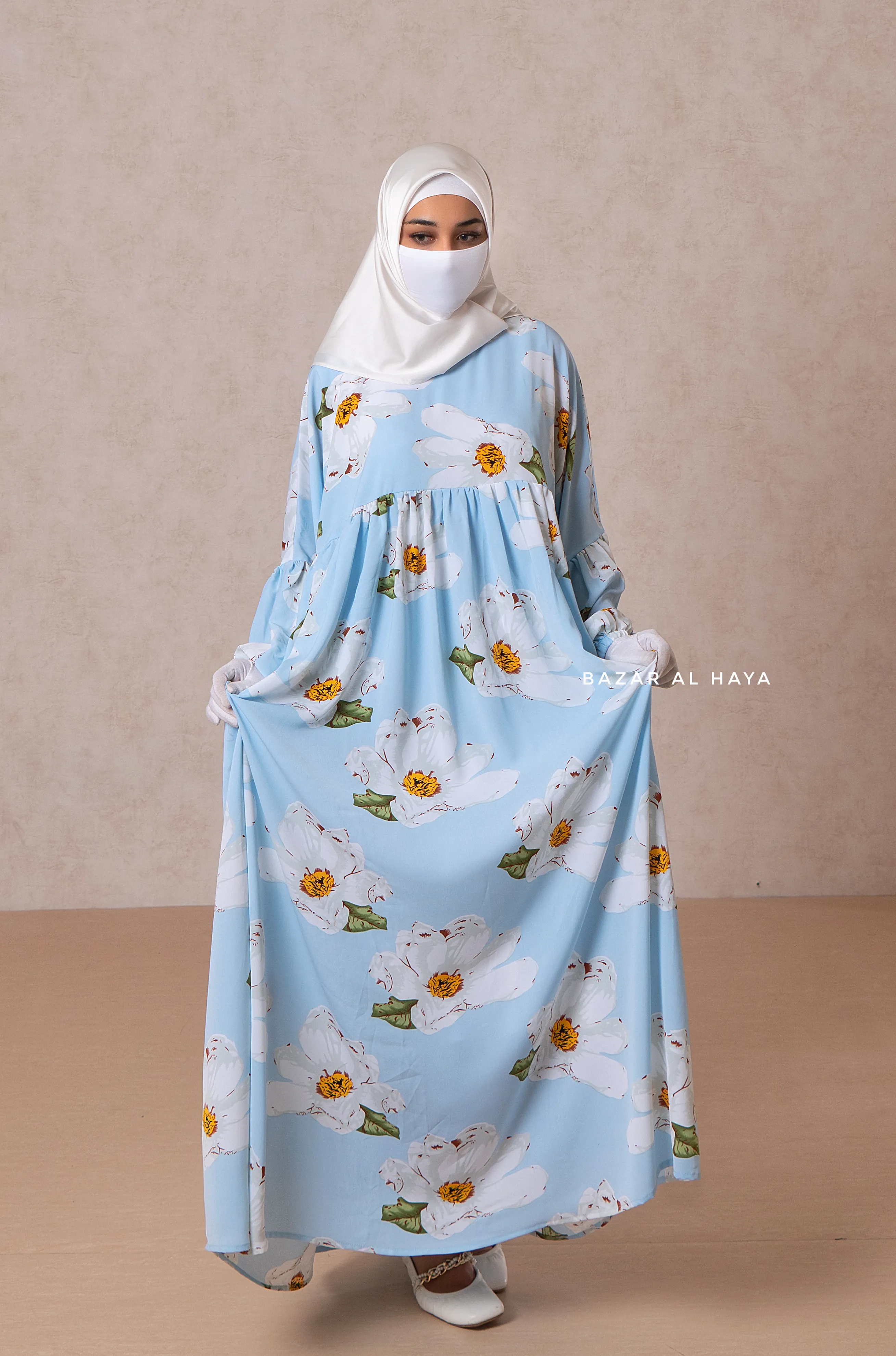 Muna Baby Blue Loose Fit Summer Abaya Dress - Viscose Cotton & Daisy Flower Print