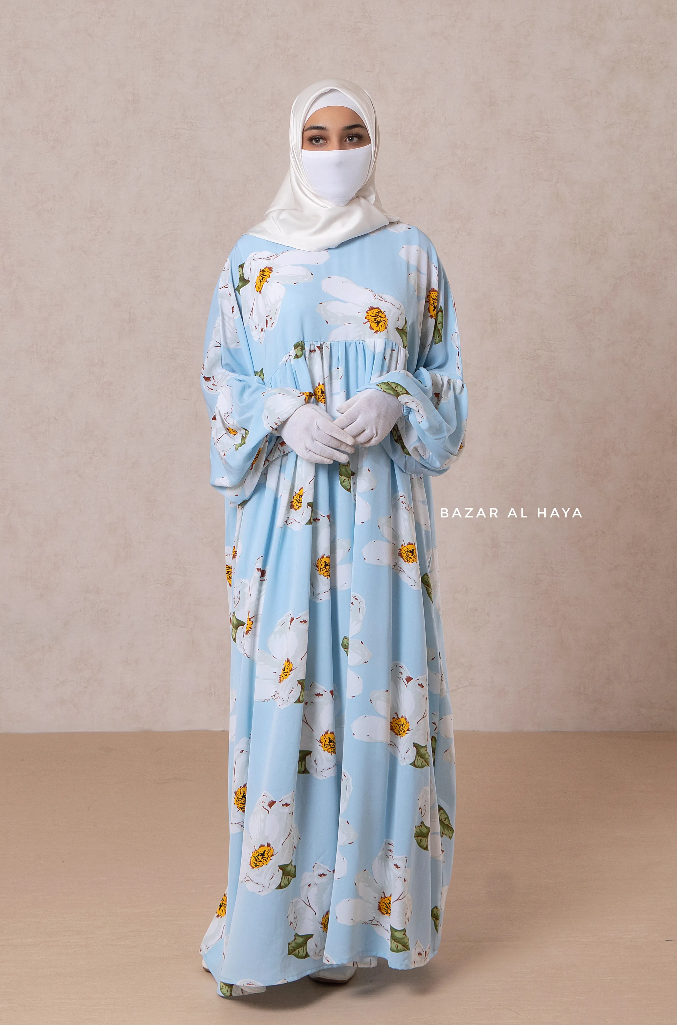 Muna Baby Blue Loose Fit Summer Abaya Dress - Viscose Cotton & Daisy Flower Print