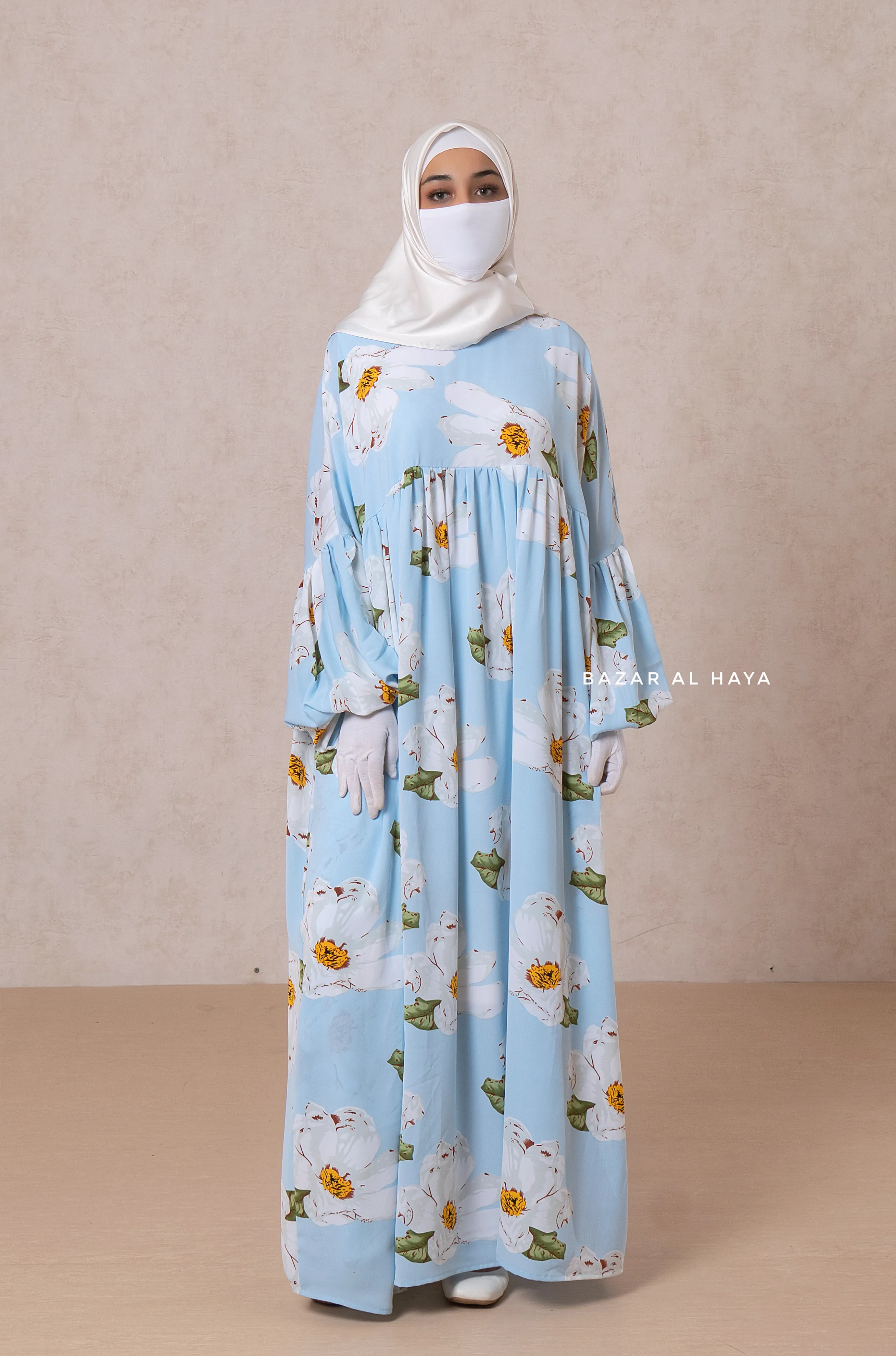 Muna Baby Blue Loose Fit Summer Abaya Dress - Viscose Cotton & Daisy Flower Print