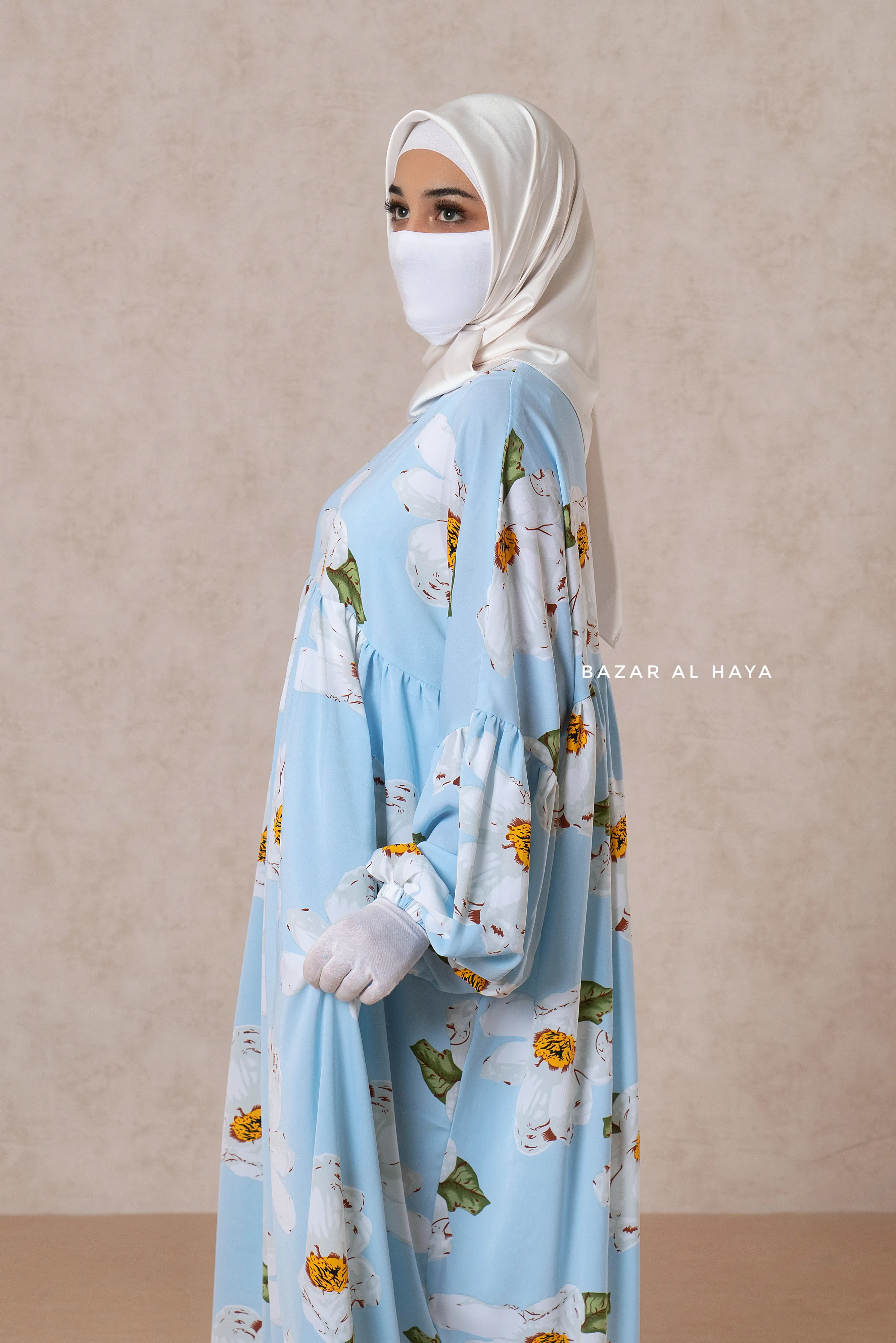 Muna Baby Blue Loose Fit Summer Abaya Dress - Viscose Cotton & Daisy Flower Print