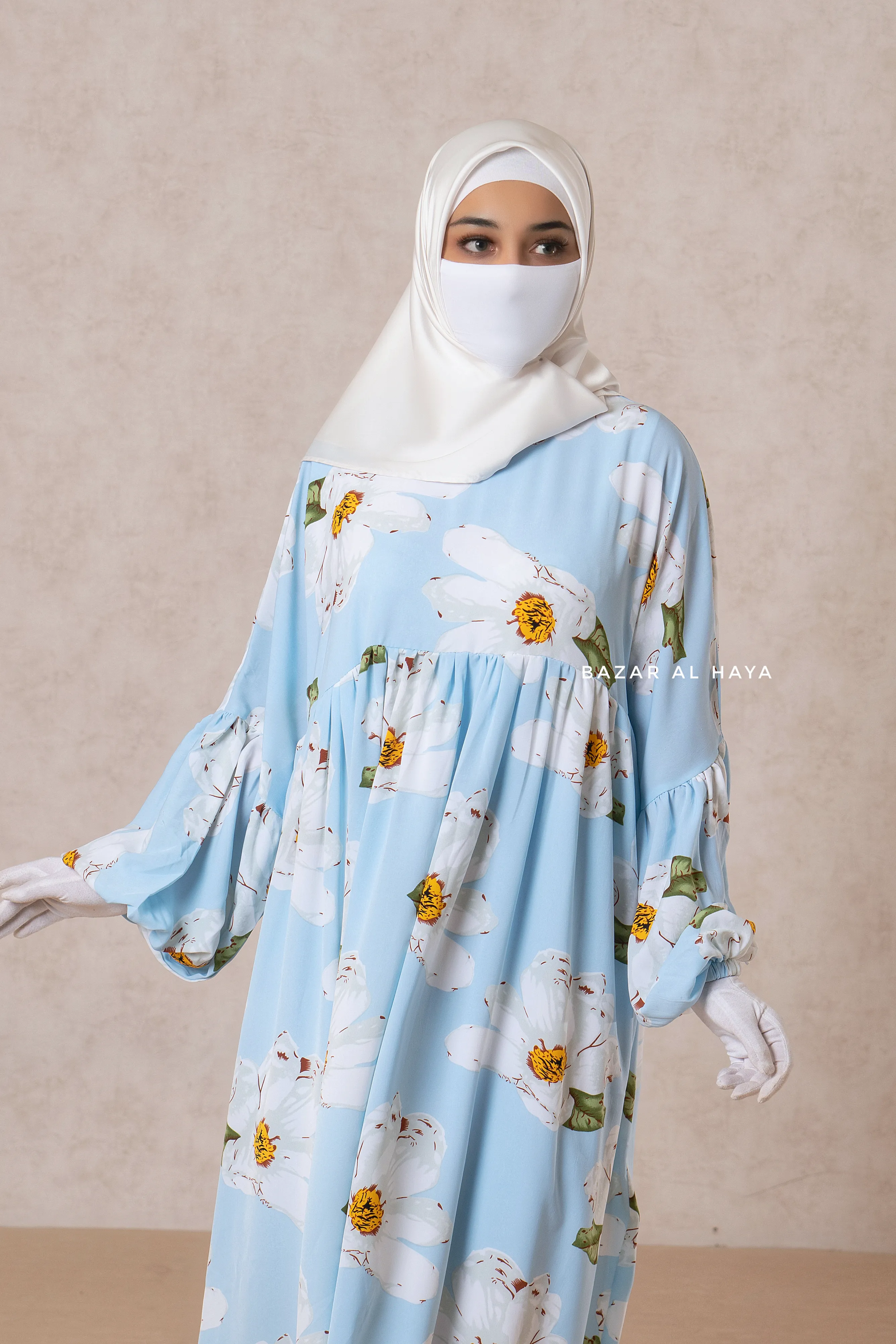 Muna Baby Blue Loose Fit Summer Abaya Dress - Viscose Cotton & Daisy Flower Print