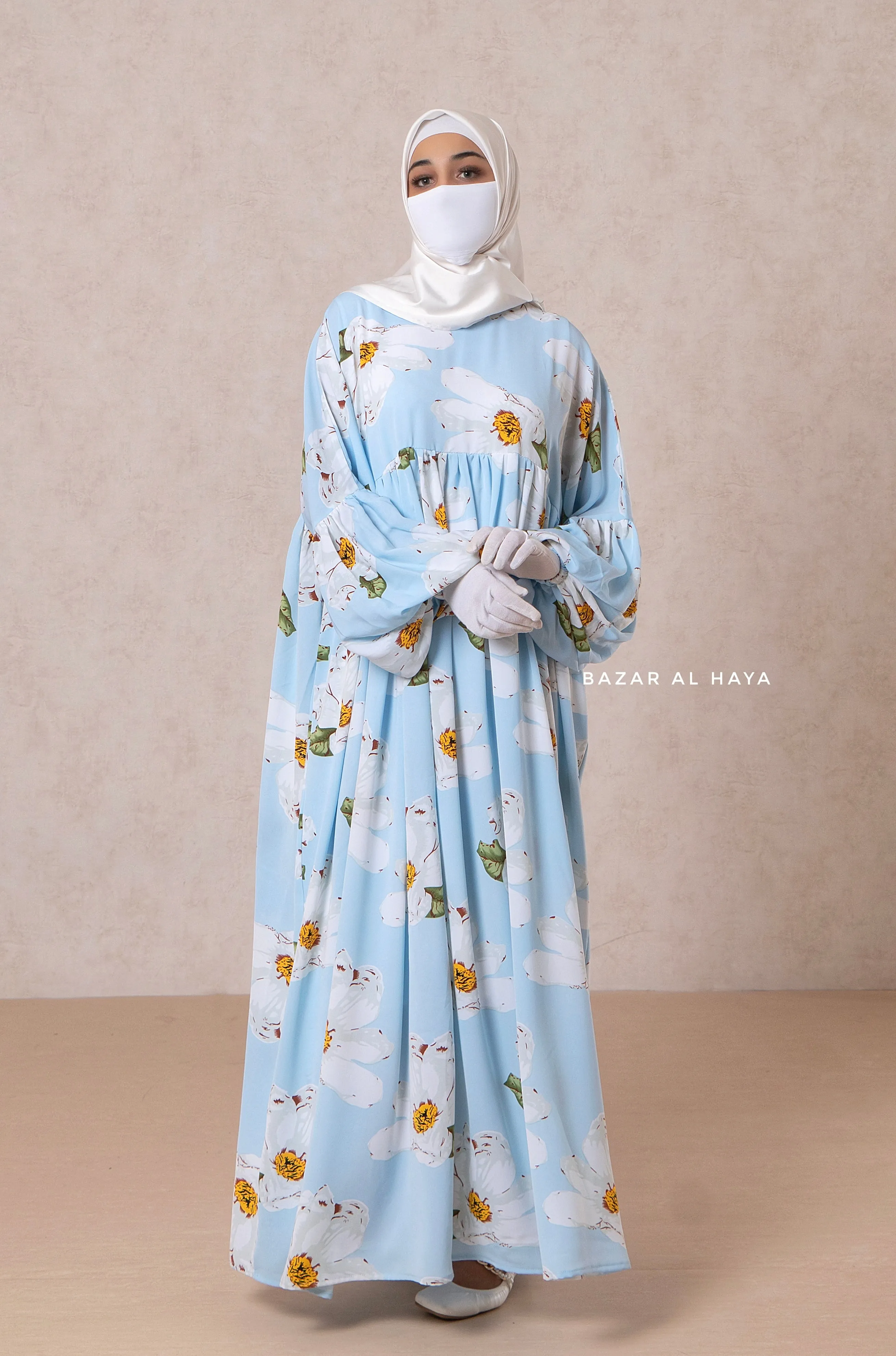 Muna Baby Blue Loose Fit Summer Abaya Dress - Viscose Cotton & Daisy Flower Print