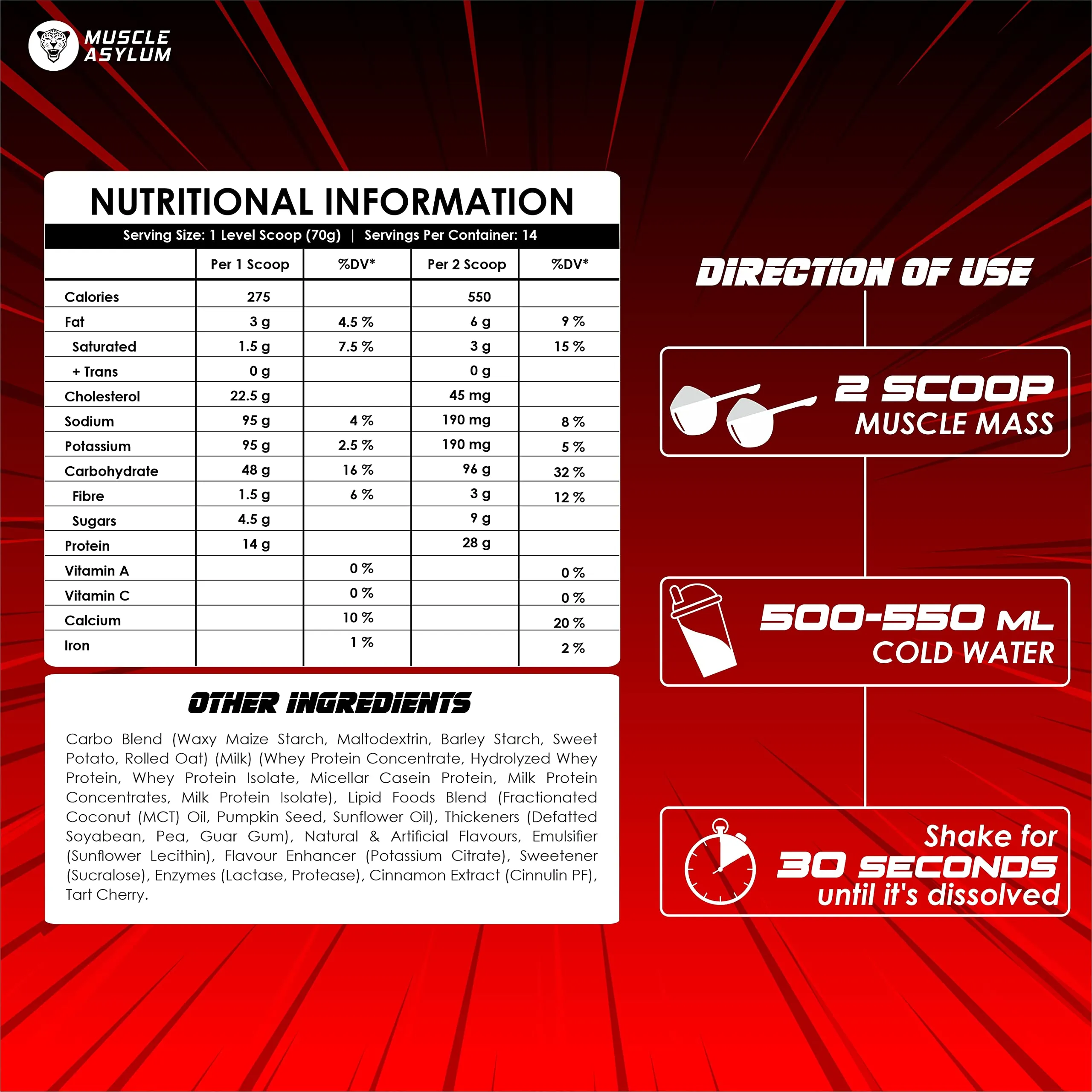 Muscle Asylum- Muscle Mass Anabolic Gainer-14g Protein,48g carbs, 275g Calories High Calorie Mass Gainer Weight Gainer Powder Chocolate (2.2lb, 14 Servings)