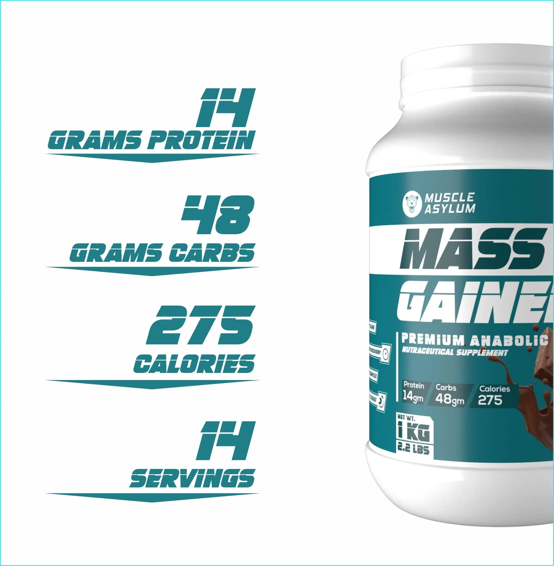 Muscle Asylum- Muscle Mass Anabolic Gainer-14g Protein,48g carbs, 275g Calories High Calorie Mass Gainer Weight Gainer Powder Chocolate (2.2lb, 14 Servings)