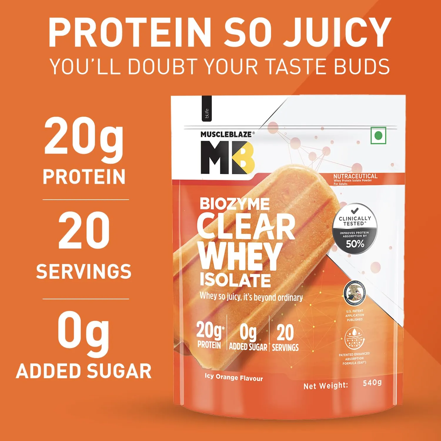 MuscleBlaze Biozyme Clear Whey Protein Isolate | 20g Protein, 92 Calories, Zero Added Sugar (Icy Orange Flavour, 20 Servings)