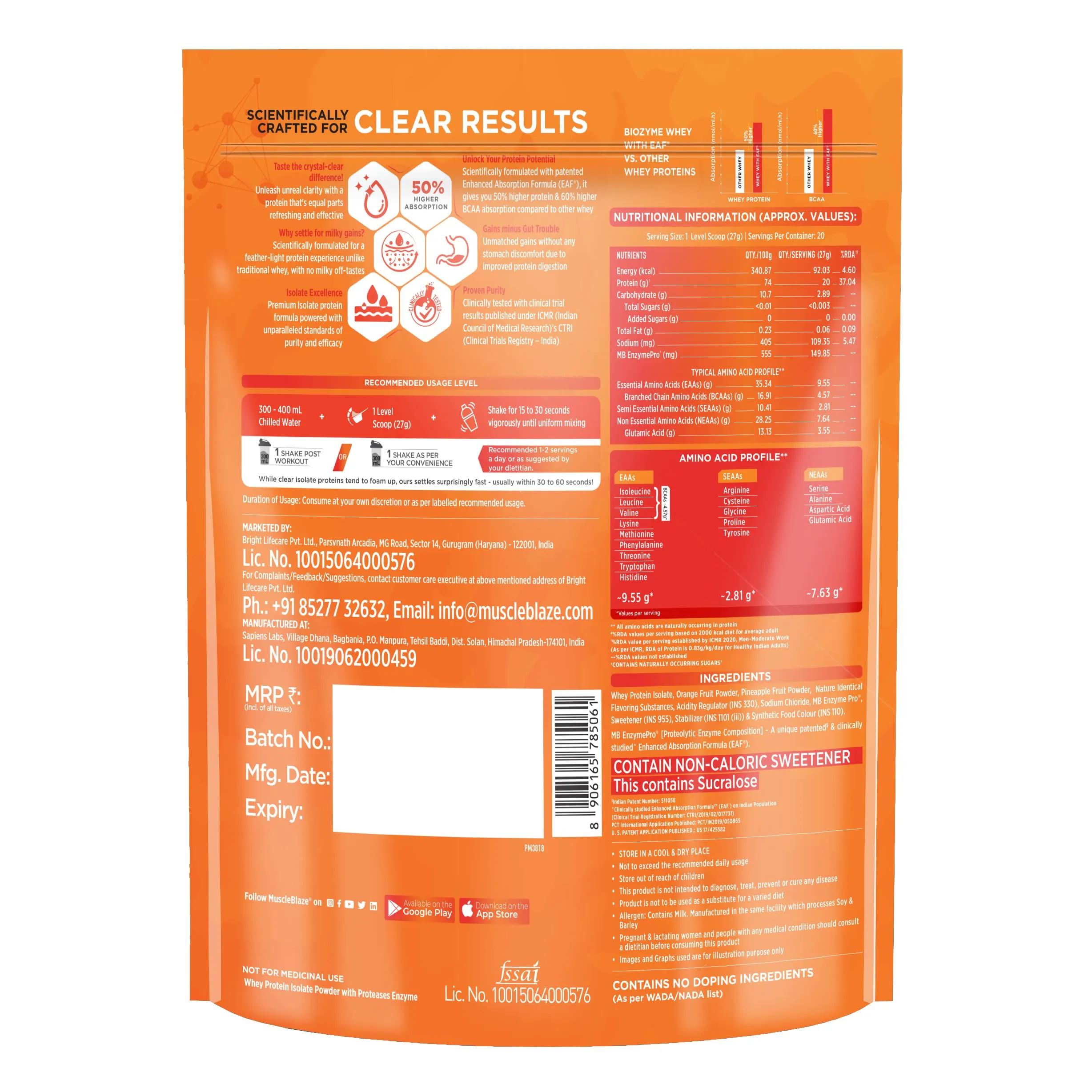 MuscleBlaze Biozyme Clear Whey Protein Isolate | 20g Protein, 92 Calories, Zero Added Sugar (Icy Orange Flavour, 20 Servings)