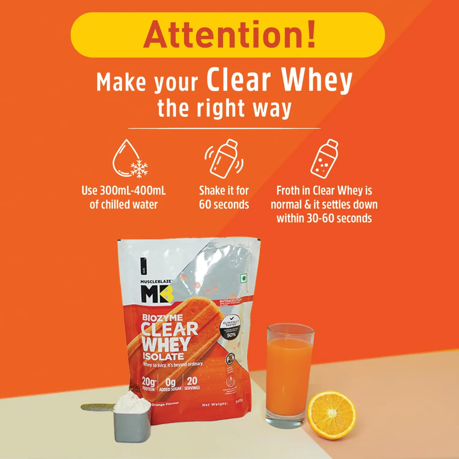 MuscleBlaze Biozyme Clear Whey Protein Isolate | 20g Protein, 92 Calories, Zero Added Sugar (Icy Orange Flavour, 20 Servings)