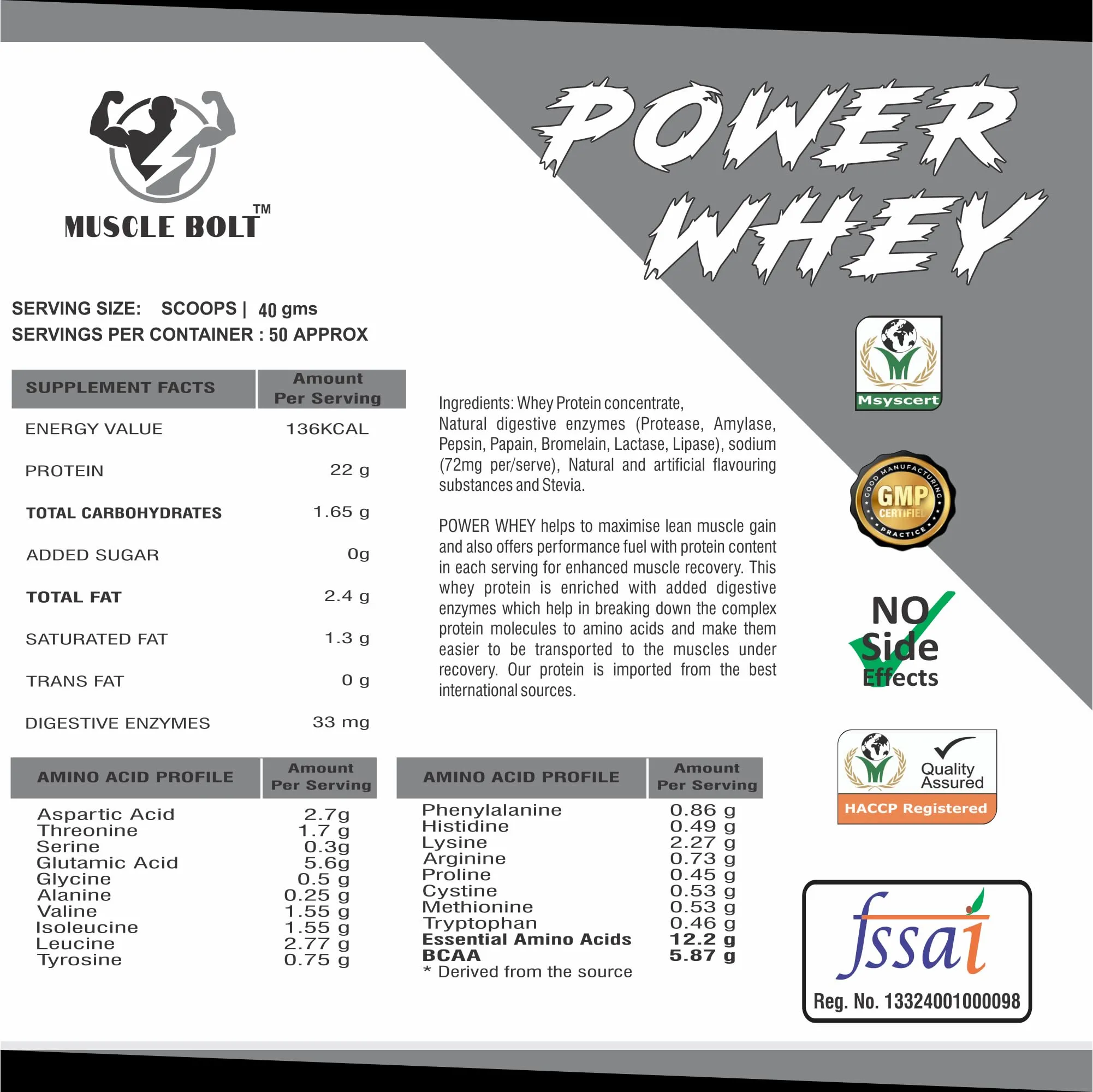 MUSCLEBOLT 2Kg / 4.4 lbs Power Whey Protein HD Blend (Malai Kulfi 50 Servings) with 22g Protein, 5.6g Glutamine Per Serving With Digestive Enzymes for better absorption Improve Muscle Building