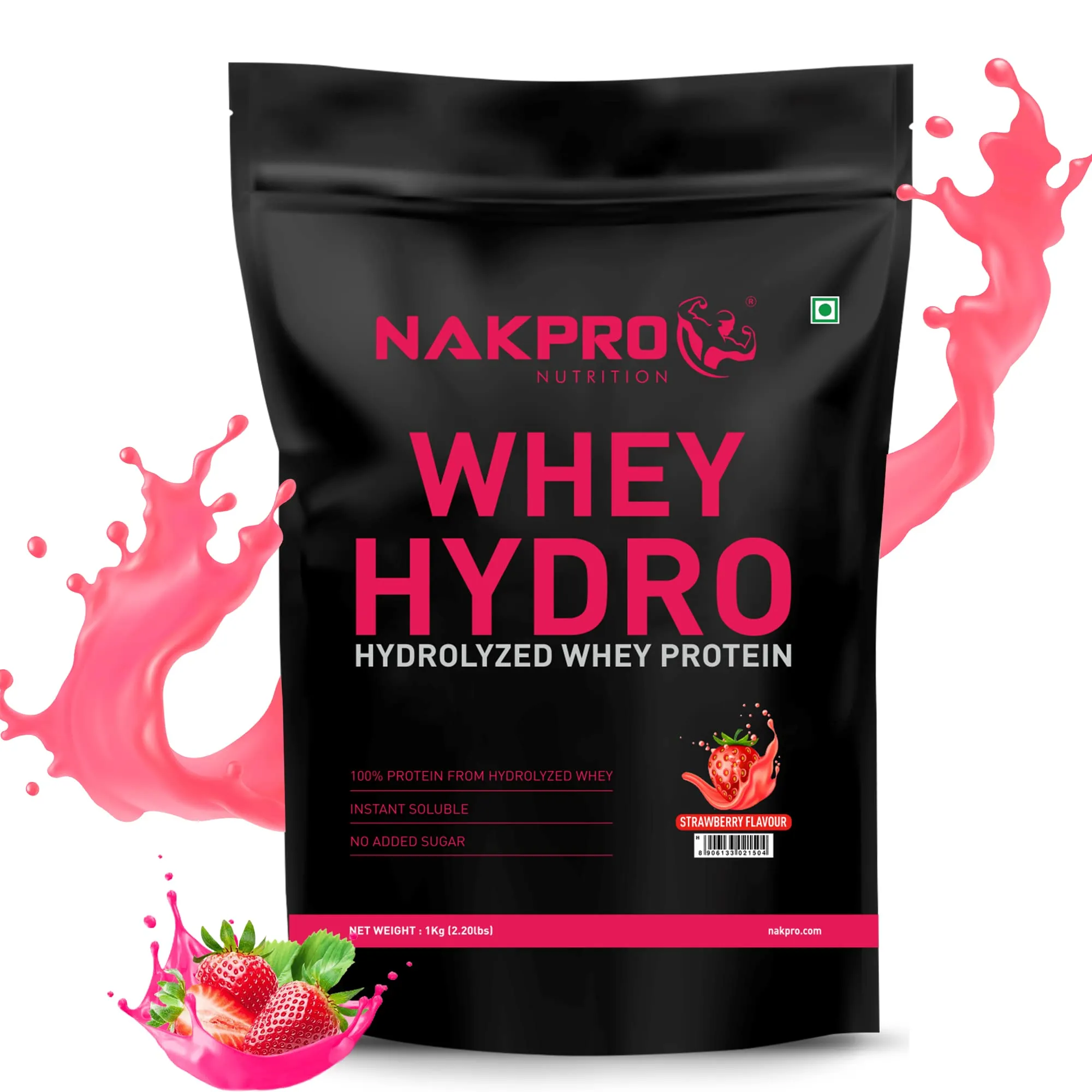 NAKPRO HYDRO Whey Protein Hydrolyzed | 24.89g Protein, 5.45g BCAA | Easy Mixing, Low Carbs, Easy Digesting Whey Protein Supplement Powder for Men, Women & Athletes | 1 Kg (Strawberry)