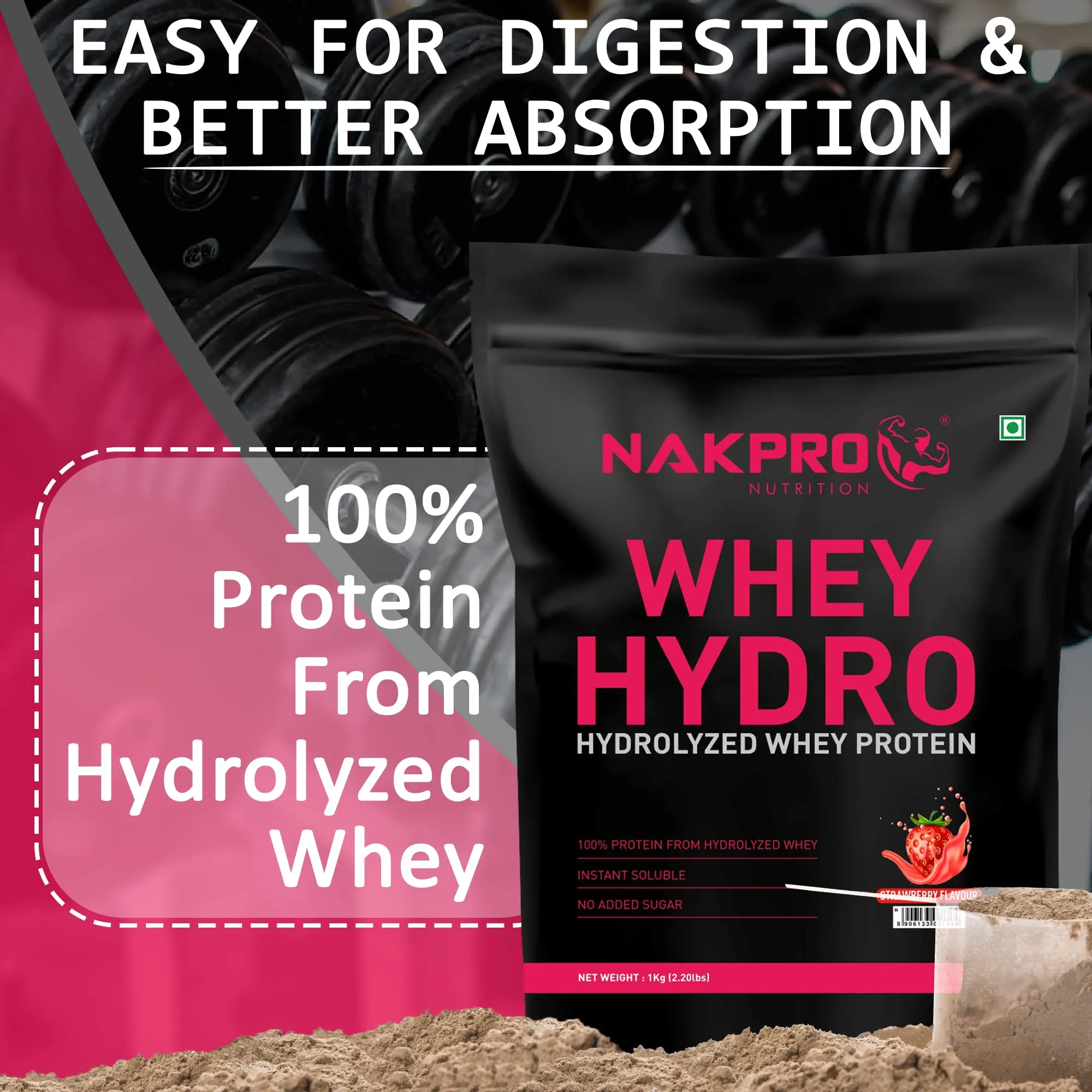 NAKPRO HYDRO Whey Protein Hydrolyzed | 24.89g Protein, 5.45g BCAA | Easy Mixing, Low Carbs, Easy Digesting Whey Protein Supplement Powder for Men, Women & Athletes | 1 Kg (Strawberry)