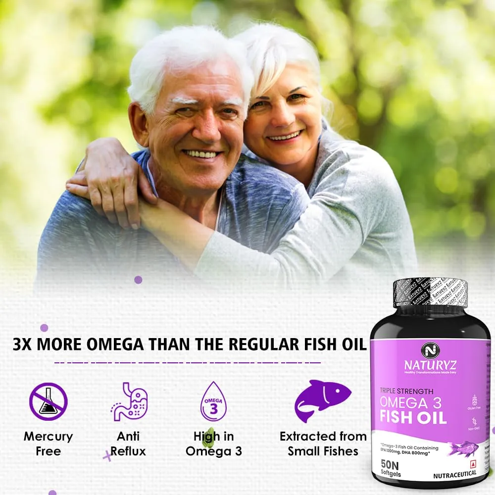 Naturyz Triple Strength Omega 3 Fish Oil 2500 Mg Capsules with Highest EPA 1200mg | DHA 800mg for Healthy Heart | Brain | Body - 50 Softgels