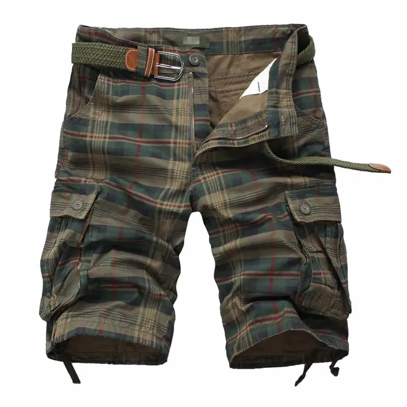 New Men's Cotton Cargo Shorts Good Quality Multi-pocket Pant Plaid Tooling Shorts Male Outdoors Casual Shorts