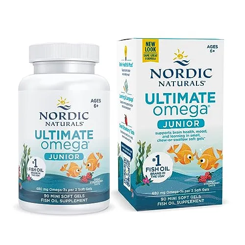 Nordic Naturals Ultimate Omega Junior Fish Oil | 680 Total Omega-3S With EPA & DHA Supplement Fish Oil For Kids | Dietary Supplement For Kids | Strawberry Flavour 90 Mini Chewable Fish Oil Softgels