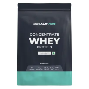 NUTRABAY Pure 100% Raw Whey Protein Concentrate - 500g, Unflavoured - 16 Servings | 23.4g Protein, 5.3g BCAA, 3.9g Glutamic Acid| Muscle Growth & Recovery | Gym Supplement for Men & Women