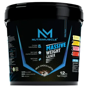 Nutrimuscle Massive Weight Gainer - 12 Lbs - 5.44 Kgs - Choco Latte Flavour (Coffee) - For Weight, Strength & Mass Gain - Contains Complex Carbohydrates, BCAA, Digestive Enzymes & Essential Vitamins & Minerals