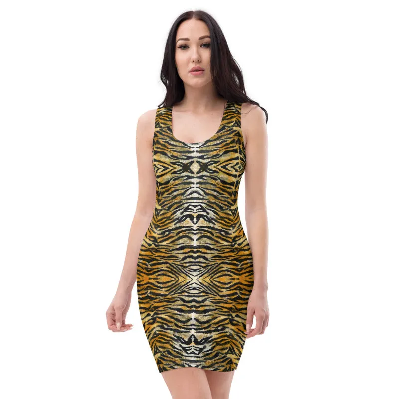 Orange Tiger Stripe Print Dress, Animal Print Wild Women's Party Dress-Made in USA/EU