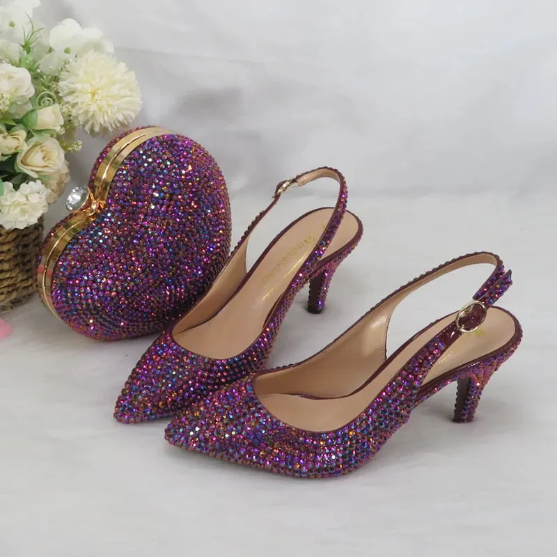 Purple Heart Bling Pointed Toe Slingback Shoes and Matching Clutch Bag