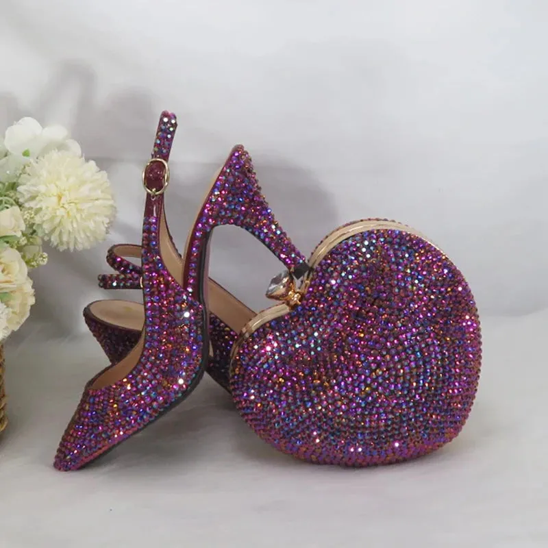 Purple Heart Bling Pointed Toe Slingback Shoes and Matching Clutch Bag