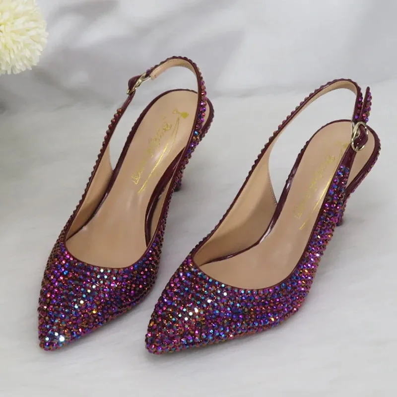 Purple Heart Bling Pointed Toe Slingback Shoes and Matching Clutch Bag