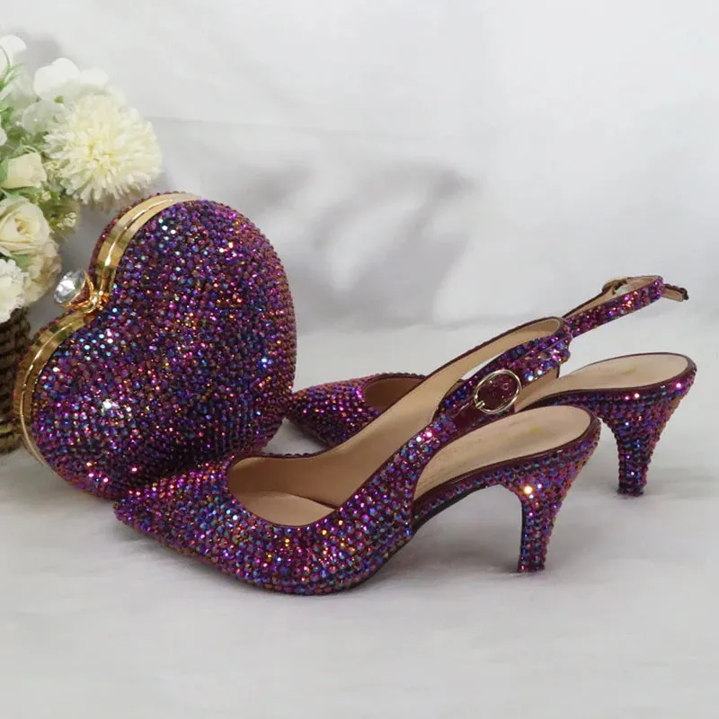 Purple Heart Bling Pointed Toe Slingback Shoes and Matching Clutch Bag