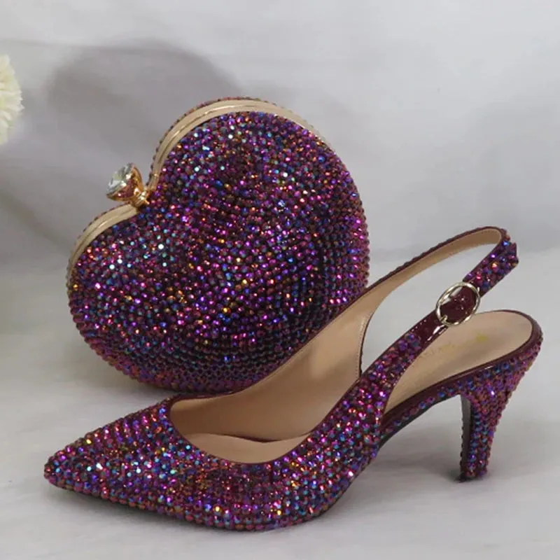 Purple Heart Bling Pointed Toe Slingback Shoes and Matching Clutch Bag