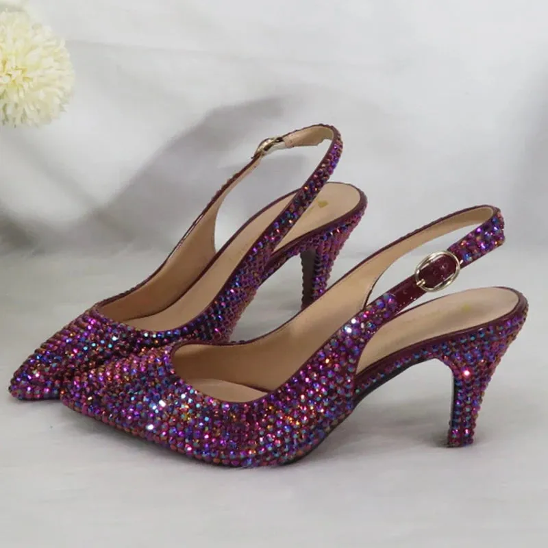 Purple Heart Bling Pointed Toe Slingback Shoes and Matching Clutch Bag