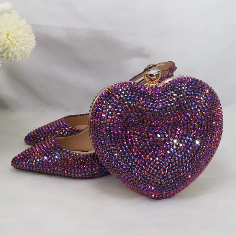 Purple Heart Bling Pointed Toe Slingback Shoes and Matching Clutch Bag