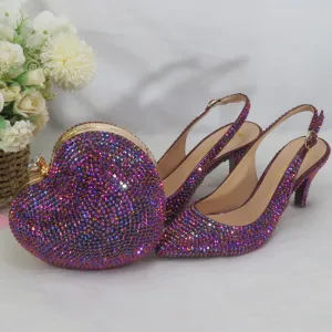 Purple Heart Bling Pointed Toe Slingback Shoes and Matching Clutch Bag