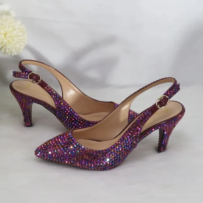 Purple Heart Bling Pointed Toe Slingback Shoes and Matching Clutch Bag