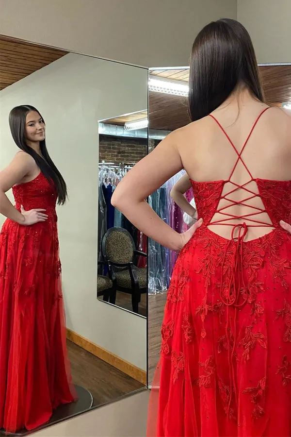 Red Plunging V Neck Floral Appliques Long Prom Dress with Slit PSK485