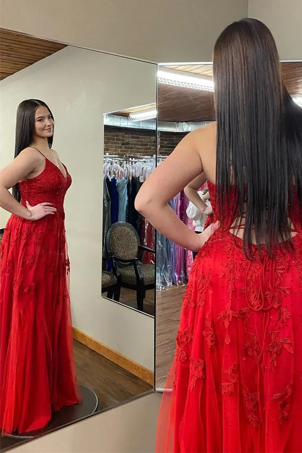 Red Plunging V Neck Floral Appliques Long Prom Dress with Slit PSK485