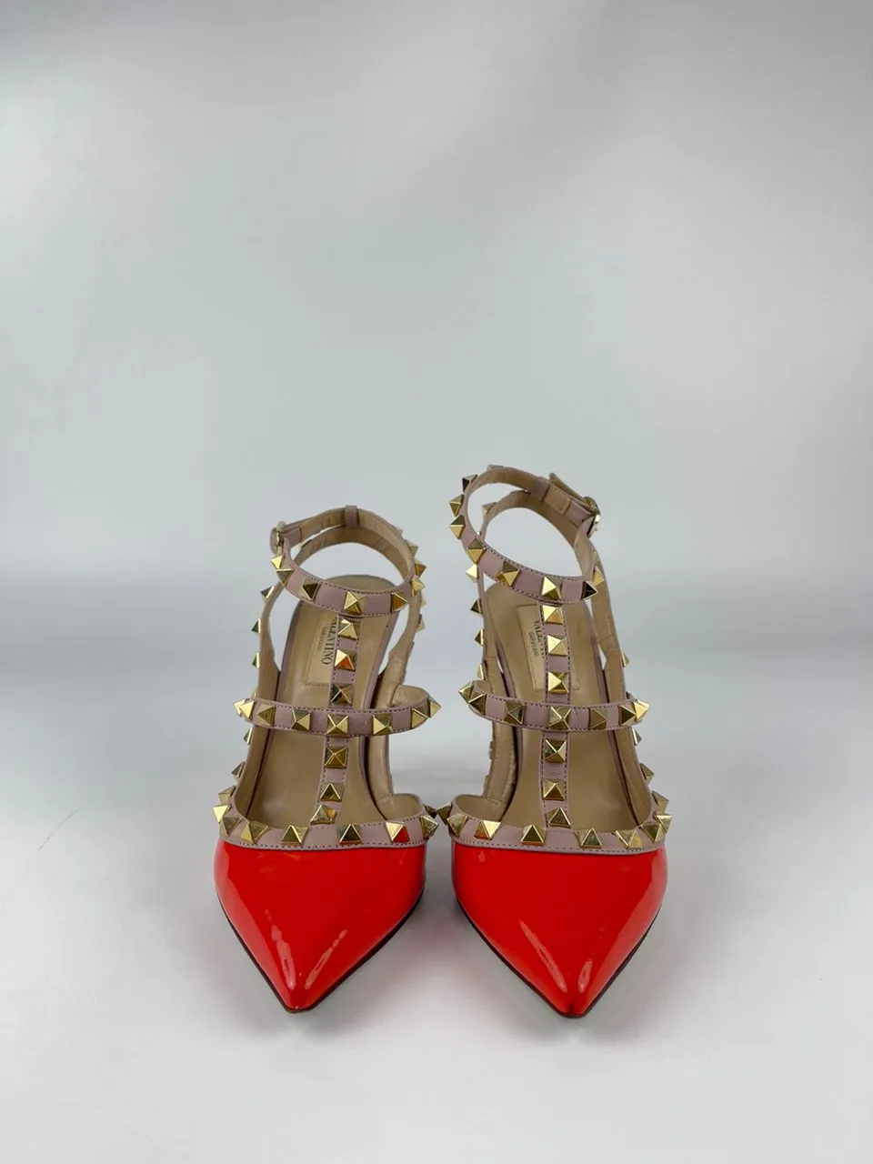 Rockstuds Orange / Beige Patent Leather Ankle Strap Heels Size 36.5